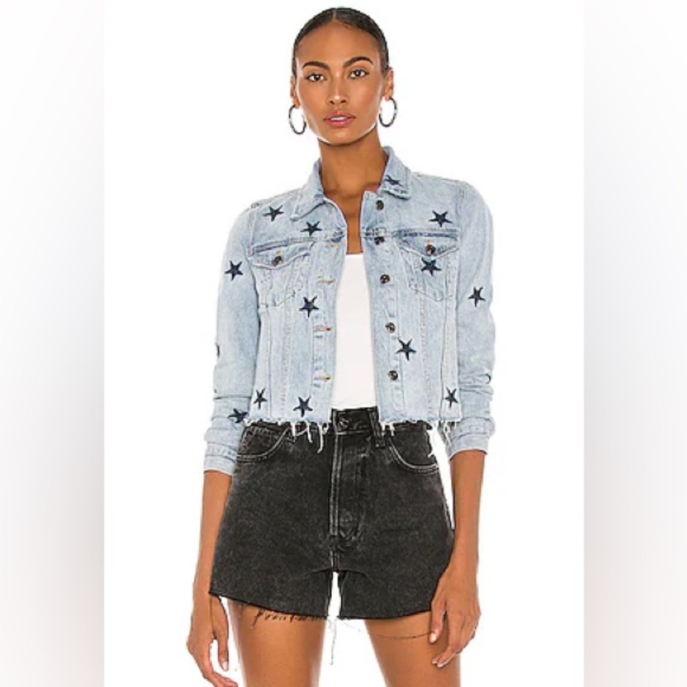 Pistola Brando Light Blue Navy Star Embroidered Denim Jean Jacket Raw Hem Small